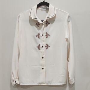 Koret Cream Button-Down Blouse with Burgundy Embroidery